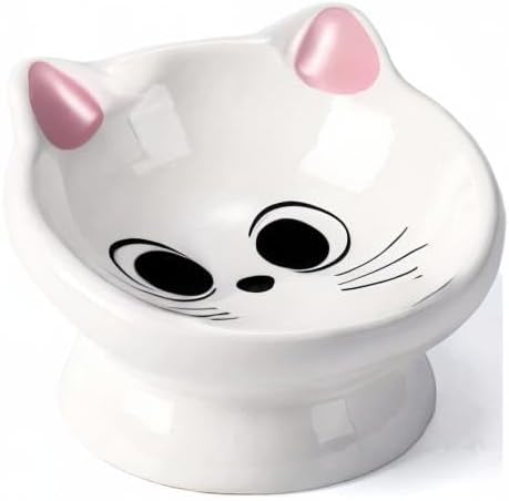 Raised Ceramic Cat Food Bowl, Tilted for Neck Comfort