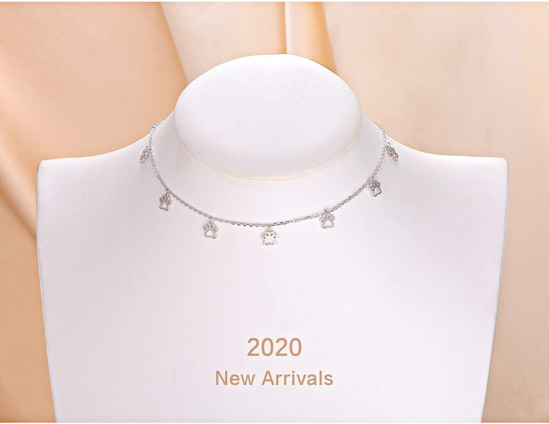 S925 Sterling Silver Puppy Dog Cat Pet Paw Print Choker Disc Chain