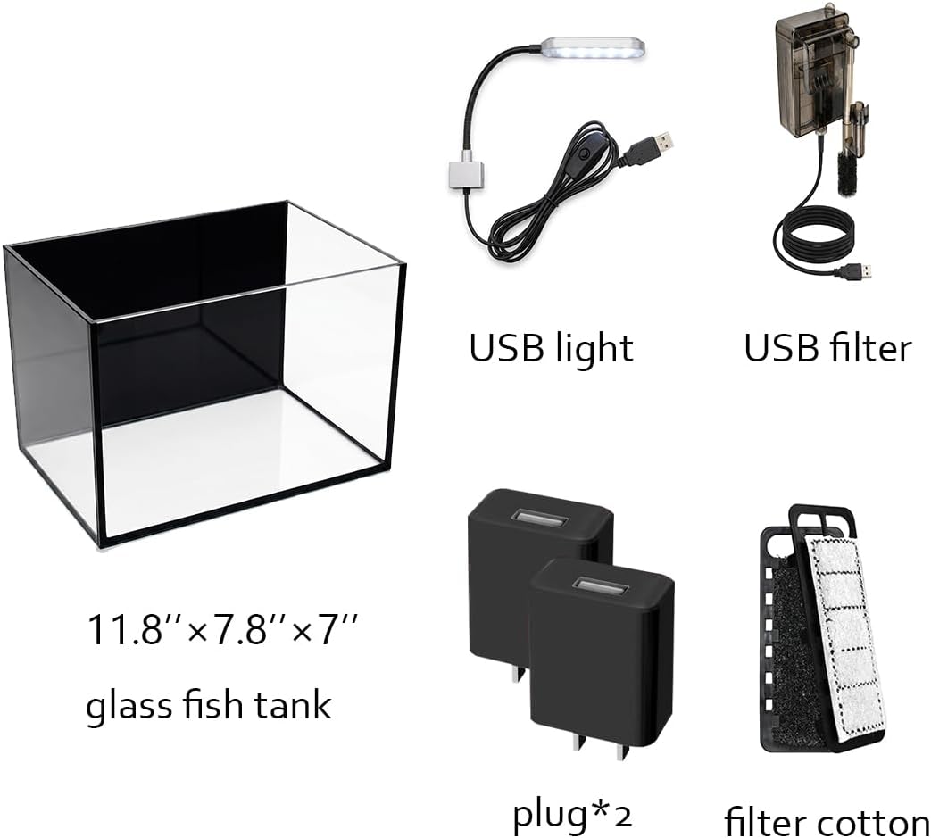 2.8 Gallon Glass Fish Tank,Small Fish Tank with Light and Filter