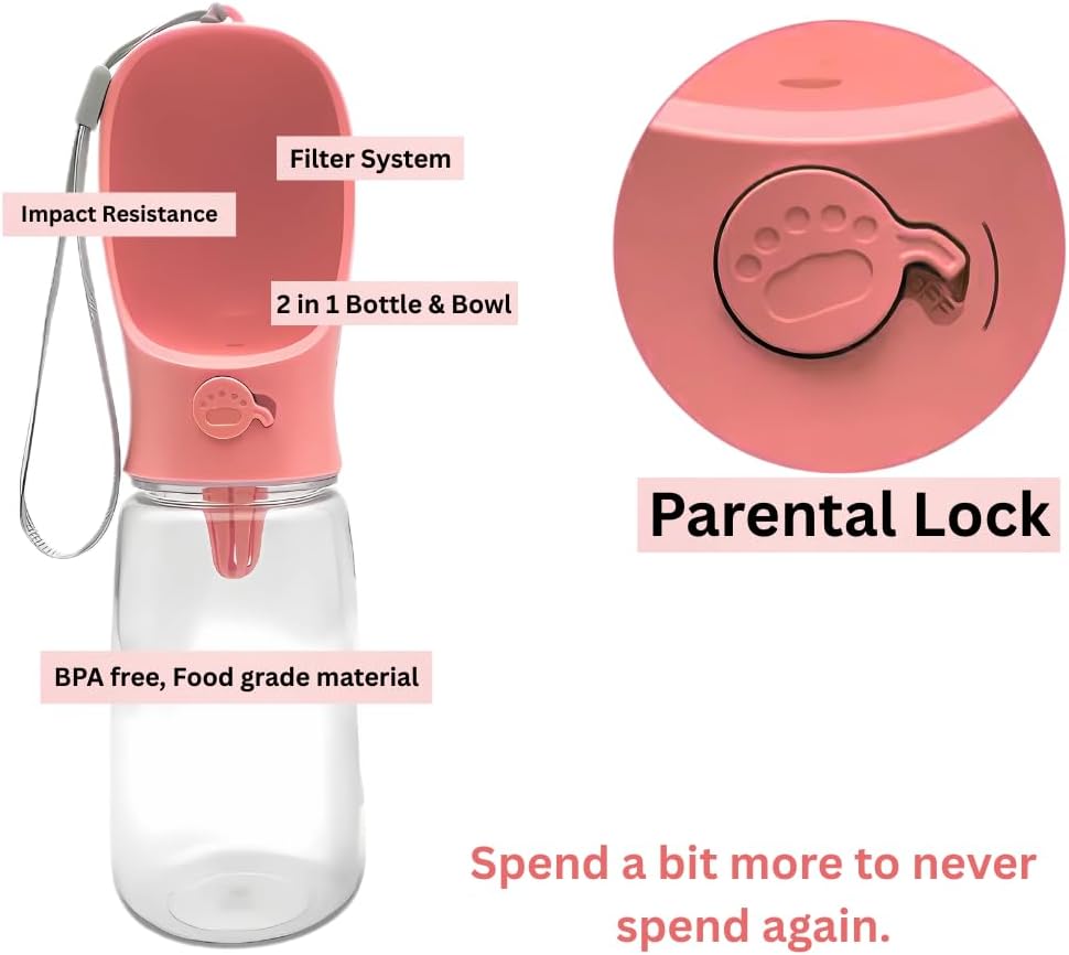 Portable Pet Water Bottle with Drinking Bowl, 12 oz