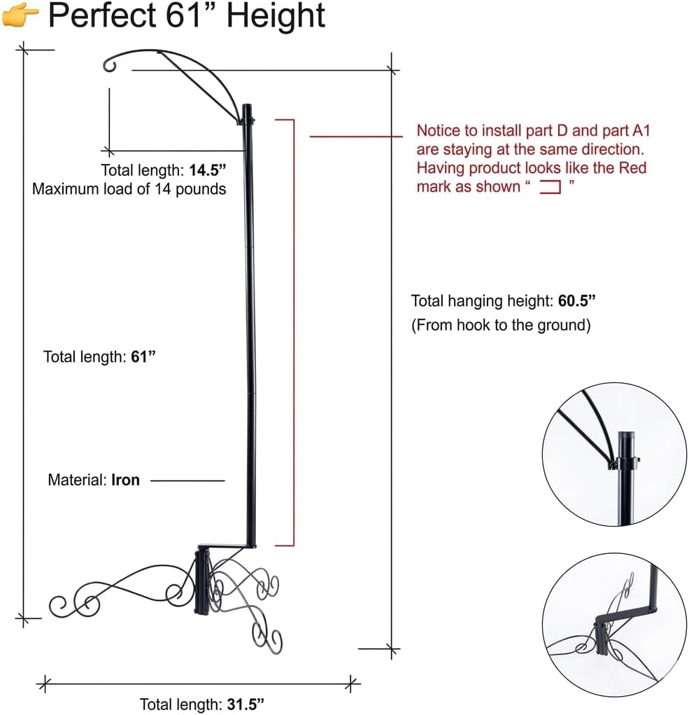 HOHIYA Heavy Duty Shepherd Hook 61 Inch Bird Cage Stand Outdoor