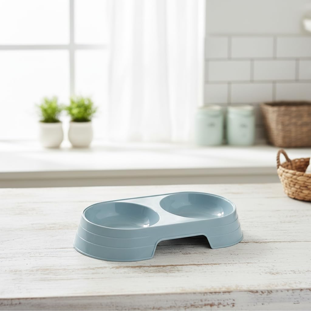 Pet Food and Water Bowl, Double Feeding Bowls, Small Grey