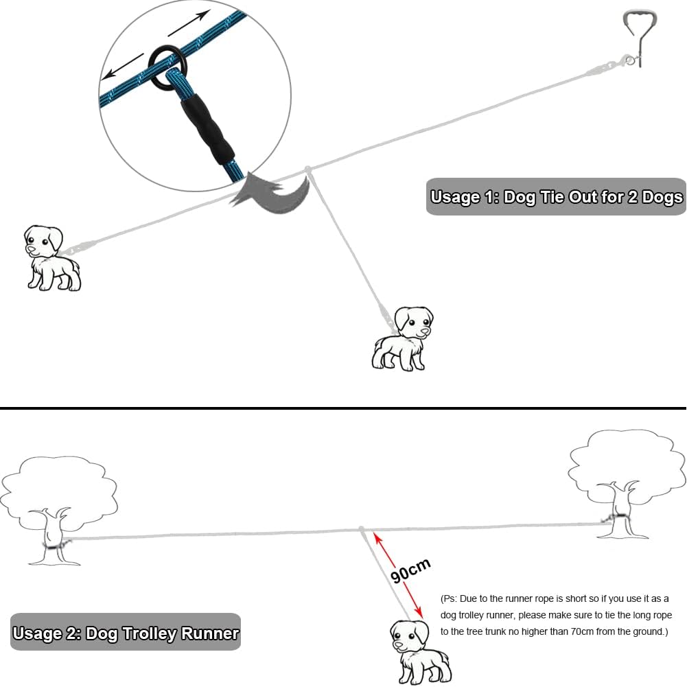 BTINESFUL 12FT 20FT 30FT 50FT Reflective Dog Tie Out for 2 Dogs, Blue