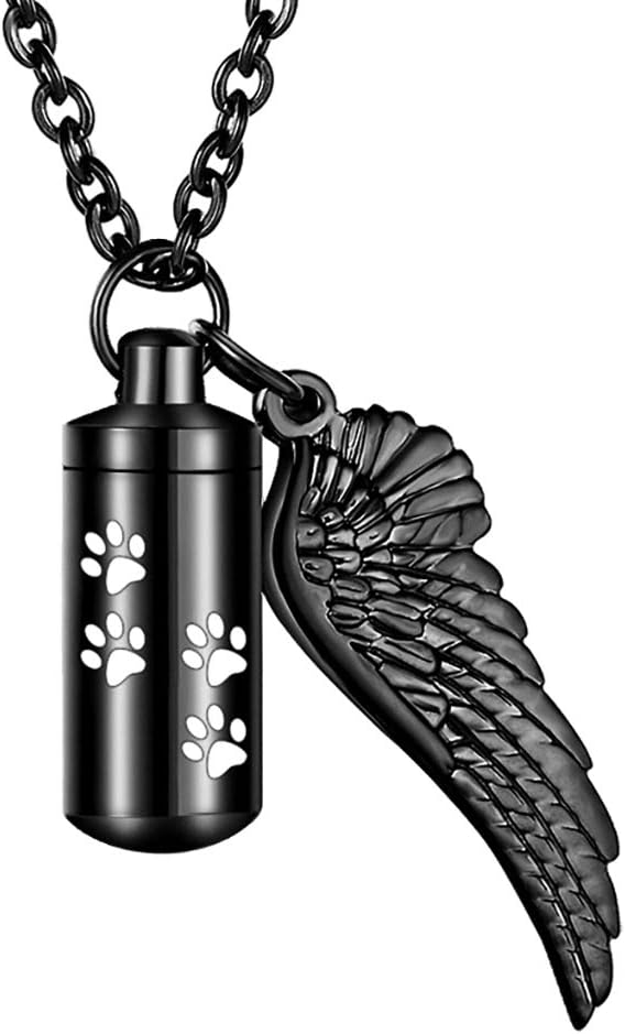 abooxiu Cylinder Cremation Necklace for Pet Ashes With Angel Wing Paw