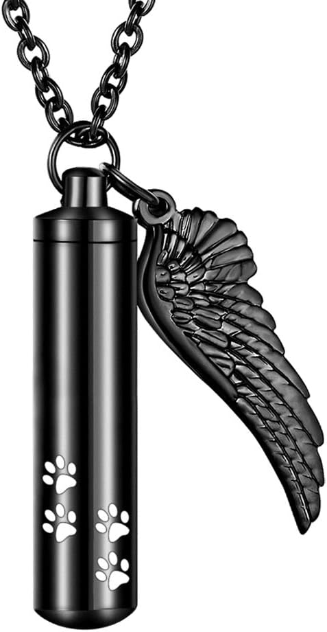 abooxiu Cylinder Cremation Necklace for Pet Ashes With Angel Wing Paw