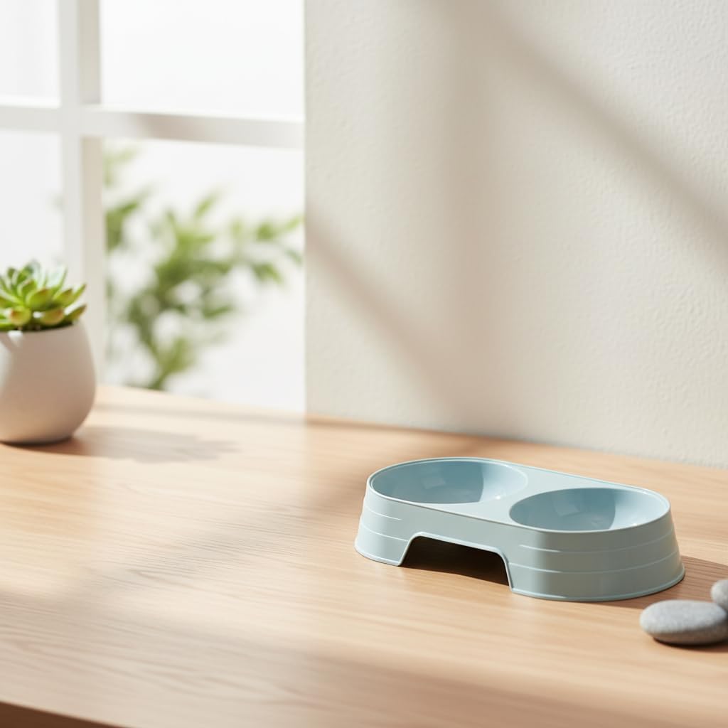 Pet Food and Water Bowl, Double Feeding Bowls, Small Grey