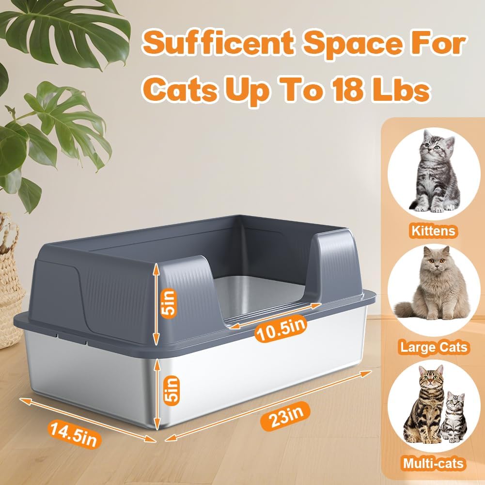 Vivifying XL Stainless Steel Cat Litter Box, High Sided Open Top, Gray