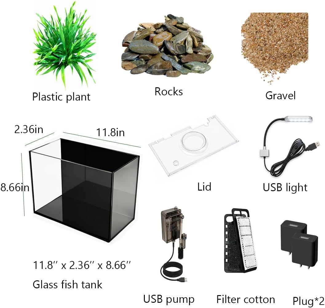 1.8 Gallon Fish Tank with Light,Filter,Lid,Landscape Accessories