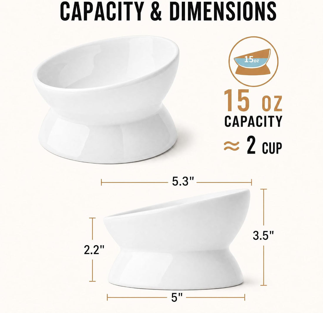 Nucookery Ceramic Raised Cat Food & Water Bowl Tilted Elevated, 5''