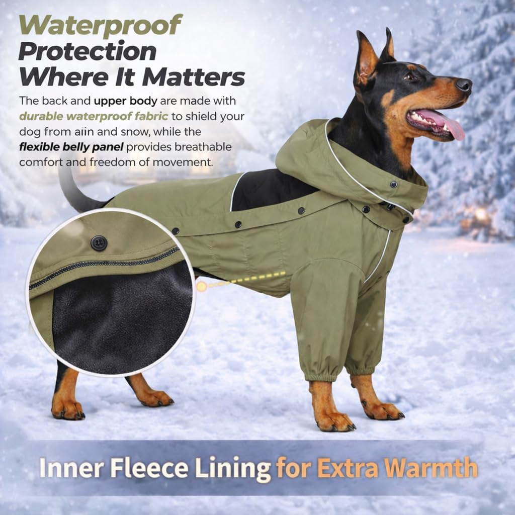 LOVELONGLONG Fleece-Lined Dog Raincoat with Removable Hood
