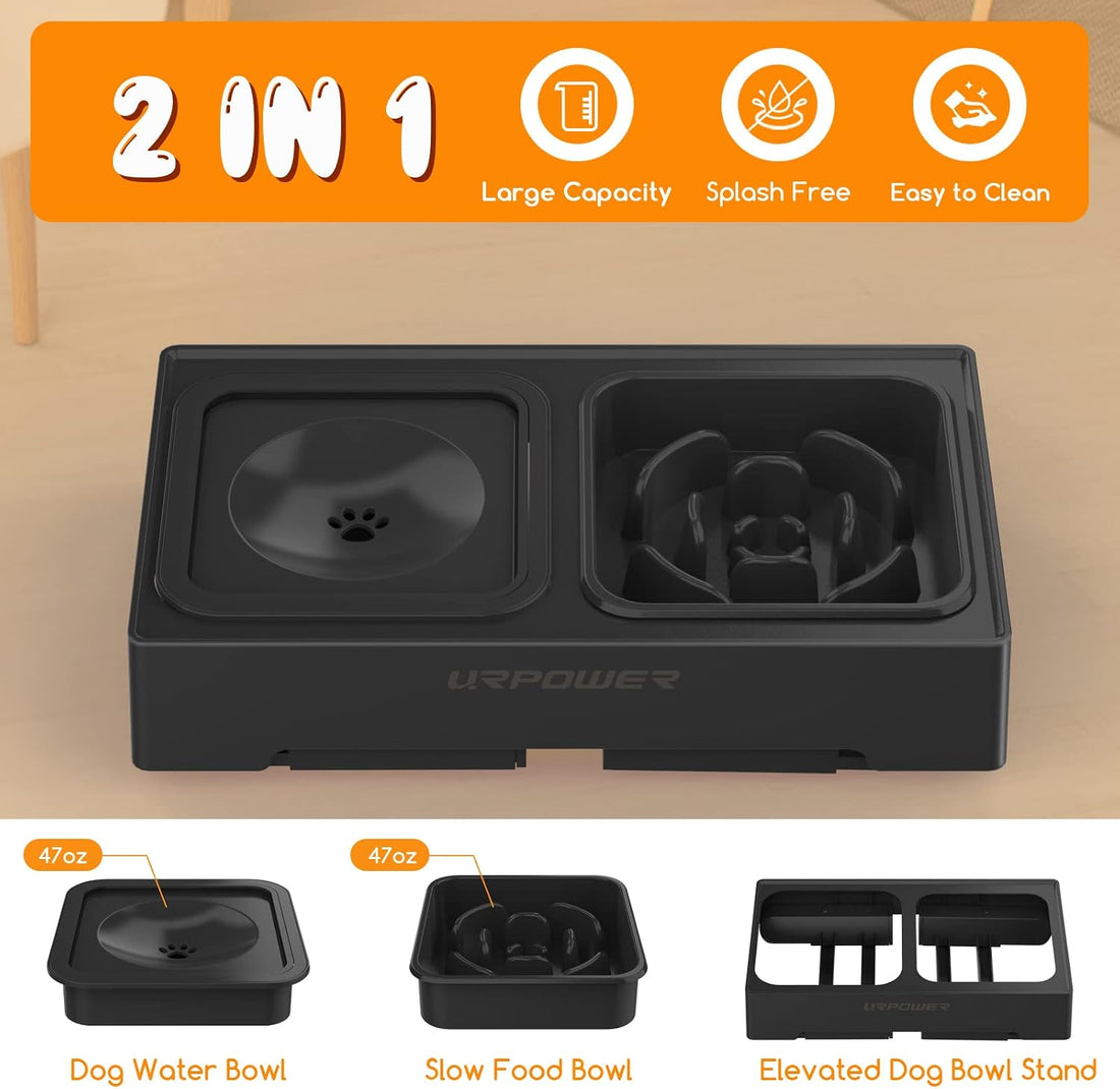 URPOWER 2-in-1 Elevated Slow Feeder Dog Bowls with No-Spill Water Bowl