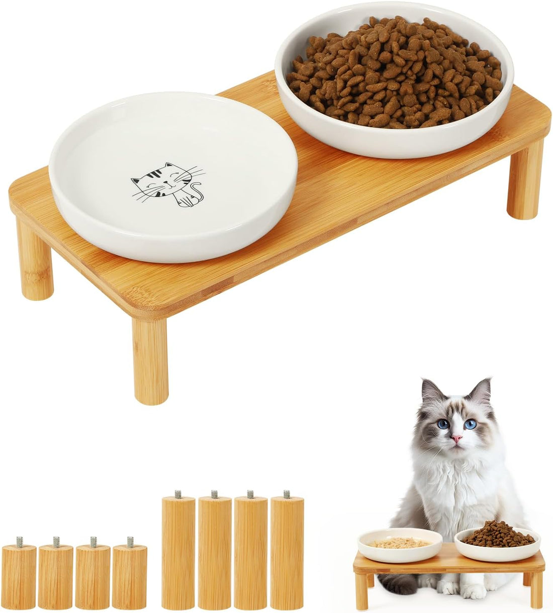 DoogCat Raised Cat Bowl, Elevated Cat Bowls with Bamboo Stand