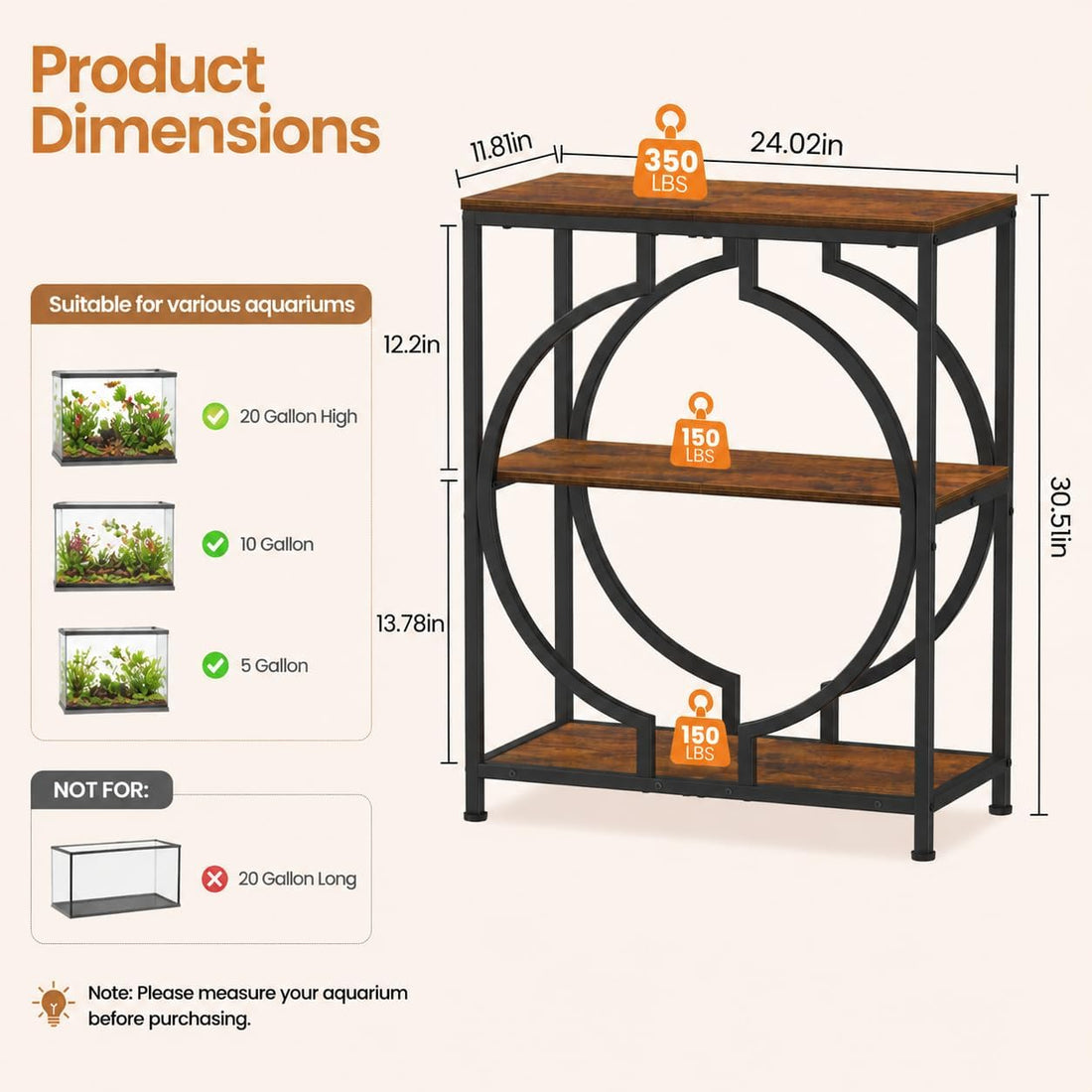 Snughome 20 Gallon Fish Tank Stand, Aquarium Stand with 3 Tier Storage