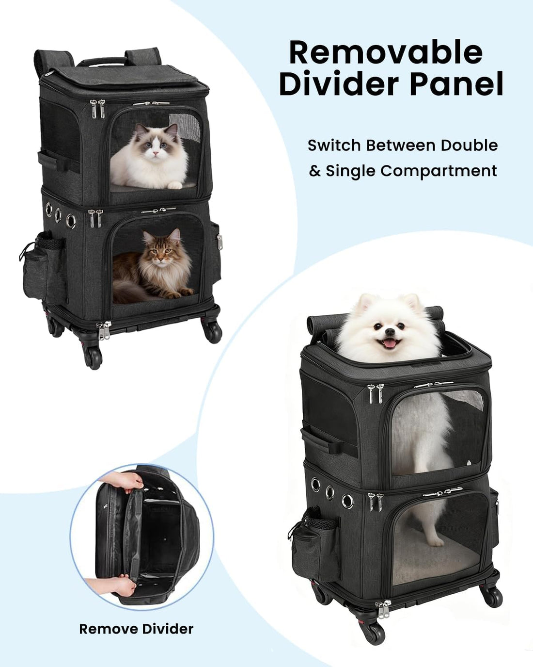 HOVONO Double-Compartment Cat Backpack Carrier with Wheels for 2 Pets