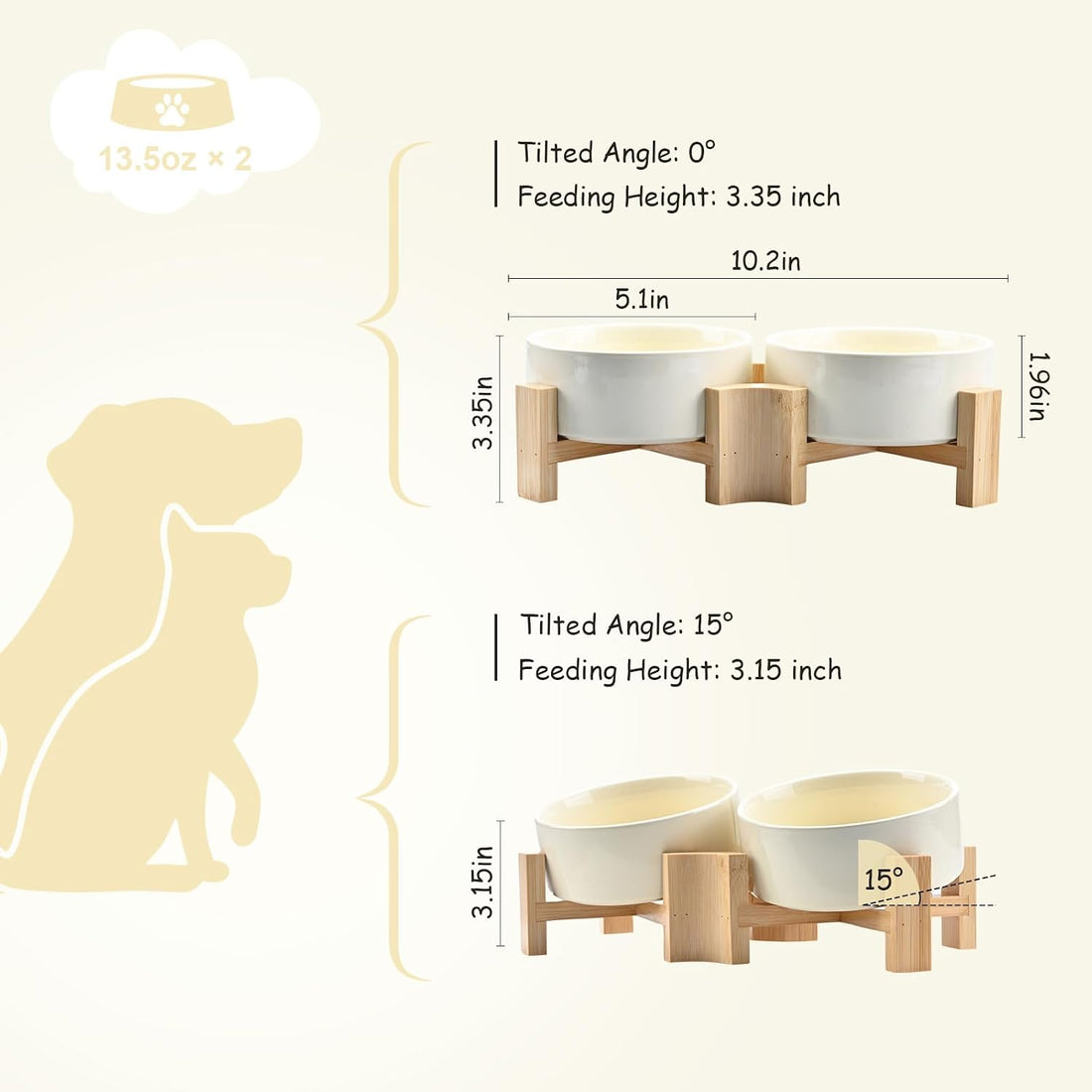 SPUNKYJUNKY 15° Slanted Ceramic Dog and Cat Bowl with Wooden Stand