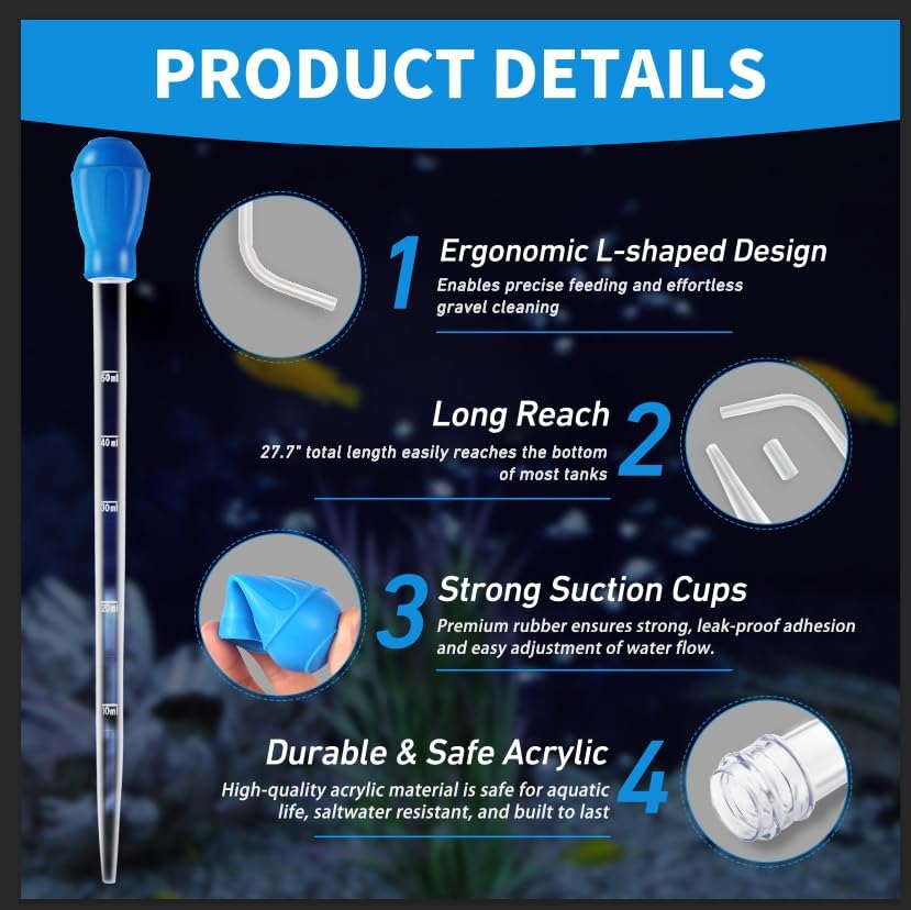27.7IN Extra Long Turkey Baster for Aquarium Coral Fish Feeder,Blue