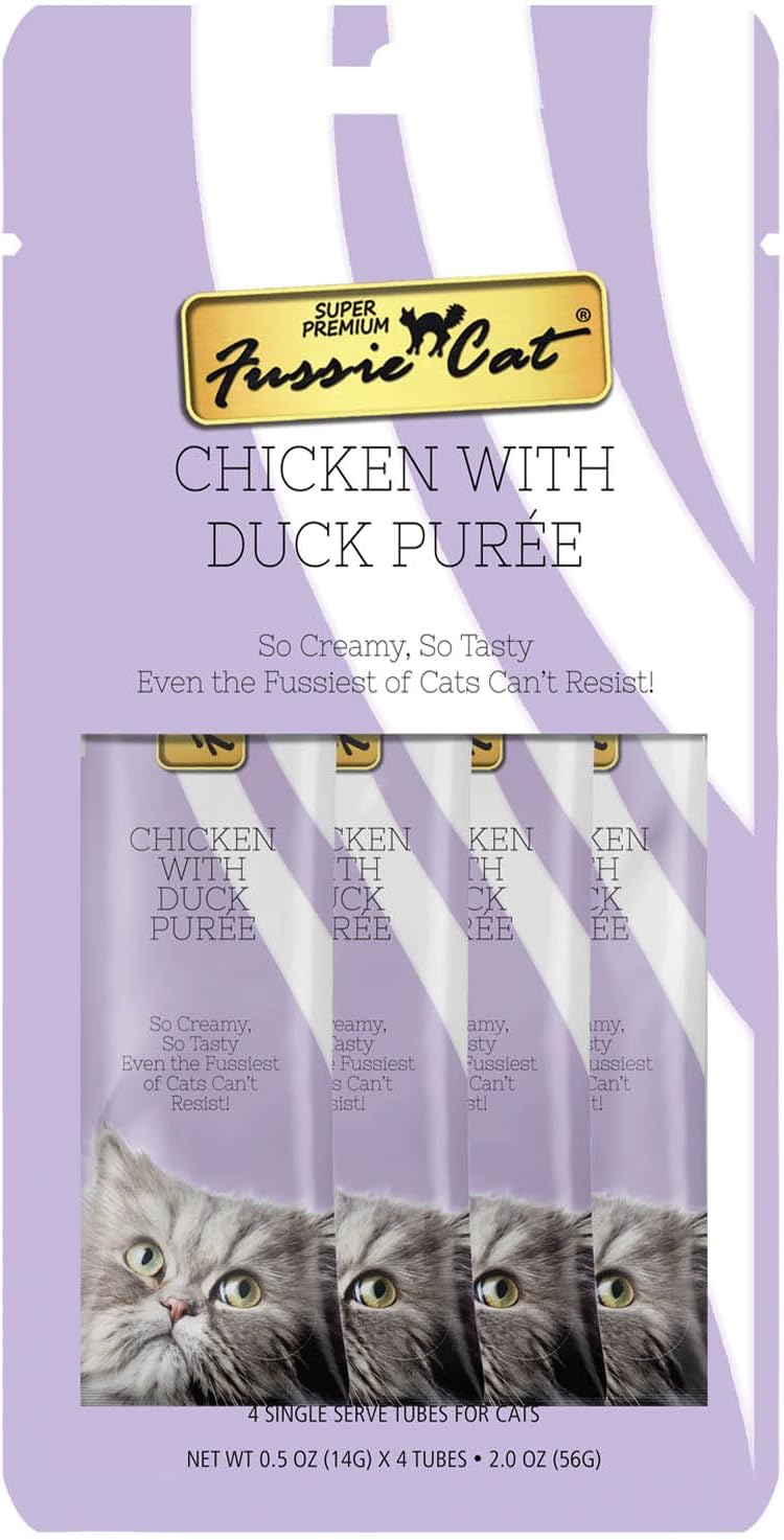 Fussie Cat Chicken & Duck Puree, Lickable Cat Treats, 0.5oz x4