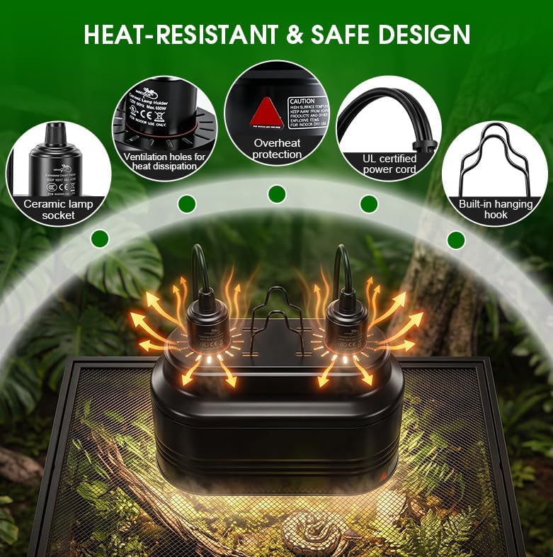 Dual Reptile Light Fixture,Reptile Heat Lamp with Thermostat & Timer