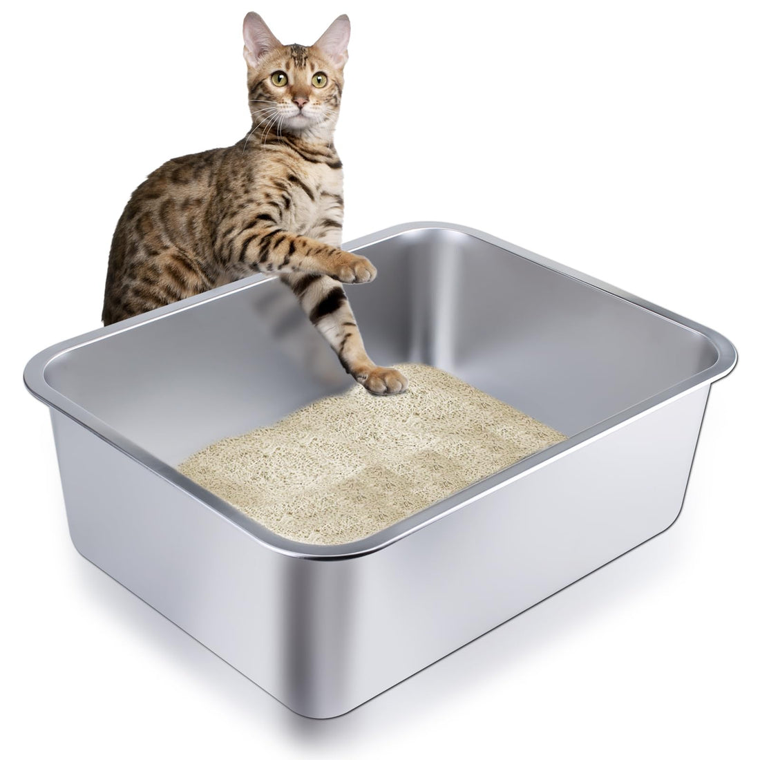 Stainless Steel Cat Litter Box - Large Metal High-Sided Pan for Cats