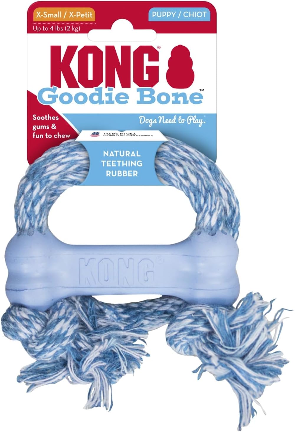 KONG Puppy Goodie Bone with Rope, Natural Rubber, for XS Puppies
