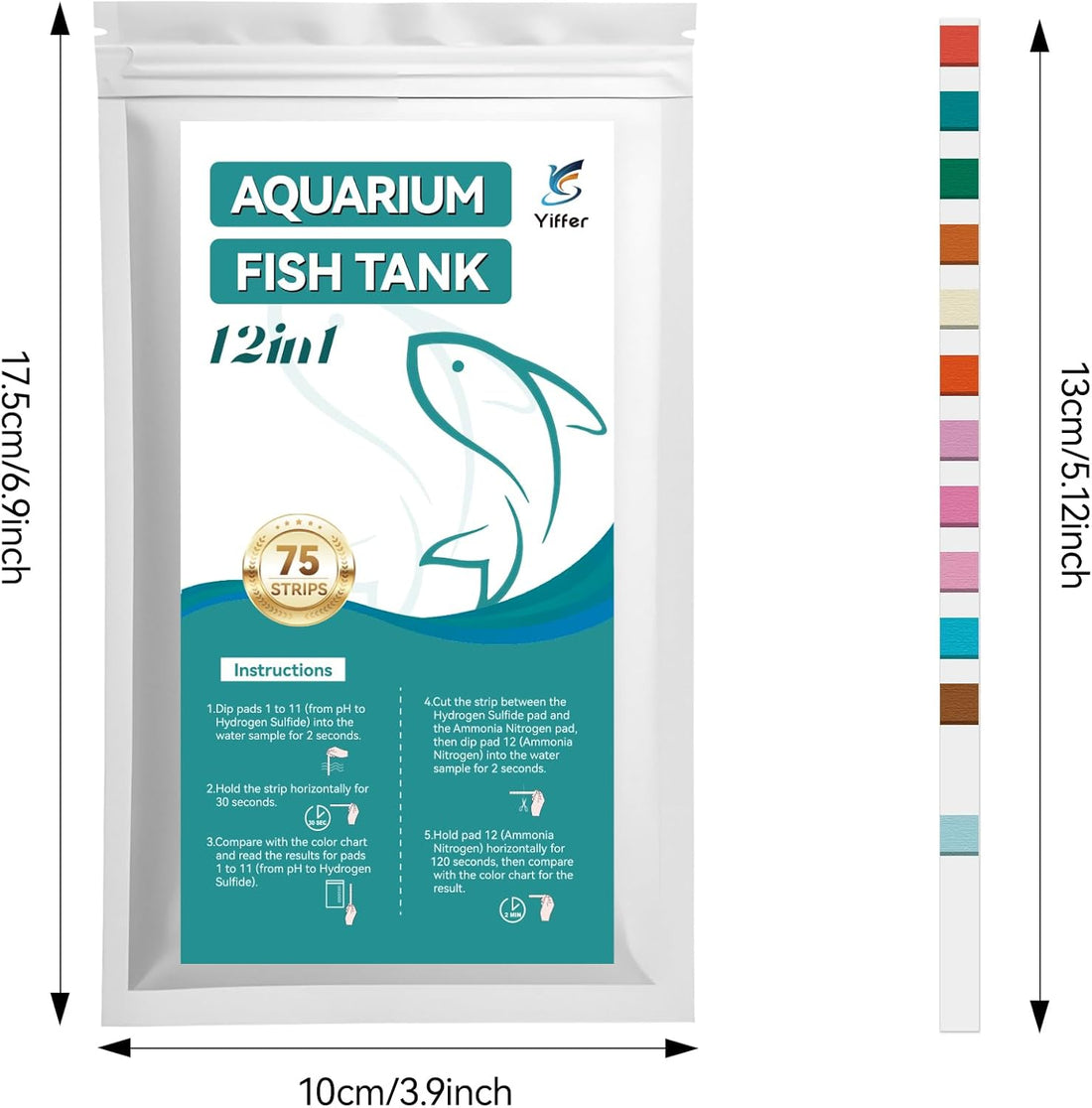 12-in-1 Aquarium Test Strips with Ammonia,75 Strips