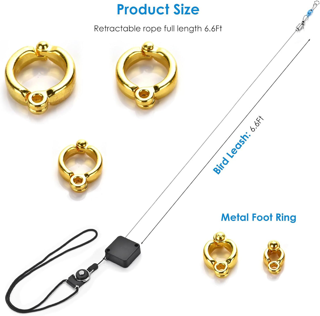 Bird Leash,6.6 Ft, with 13 Different Size Foot Ring ( Gold Color)