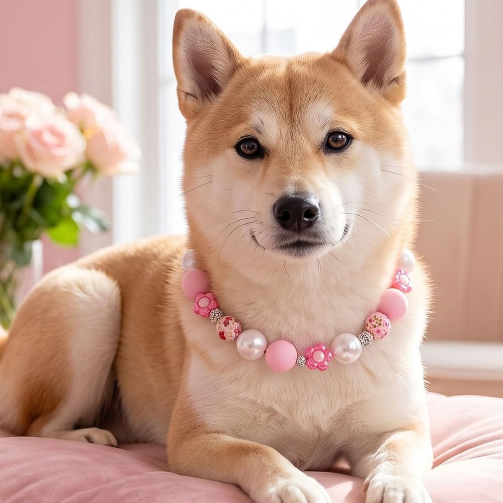 Pink Floral Beaded Collar Necklace for Dog Pet Costume Accessory
