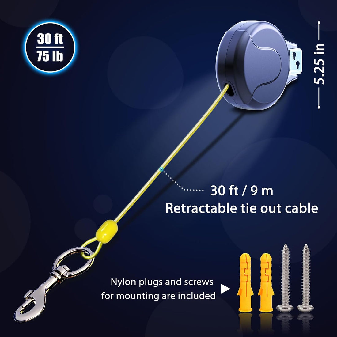 30ft Wall Mount Retractable Dog Tie Out Cable for Small to Large Dogs