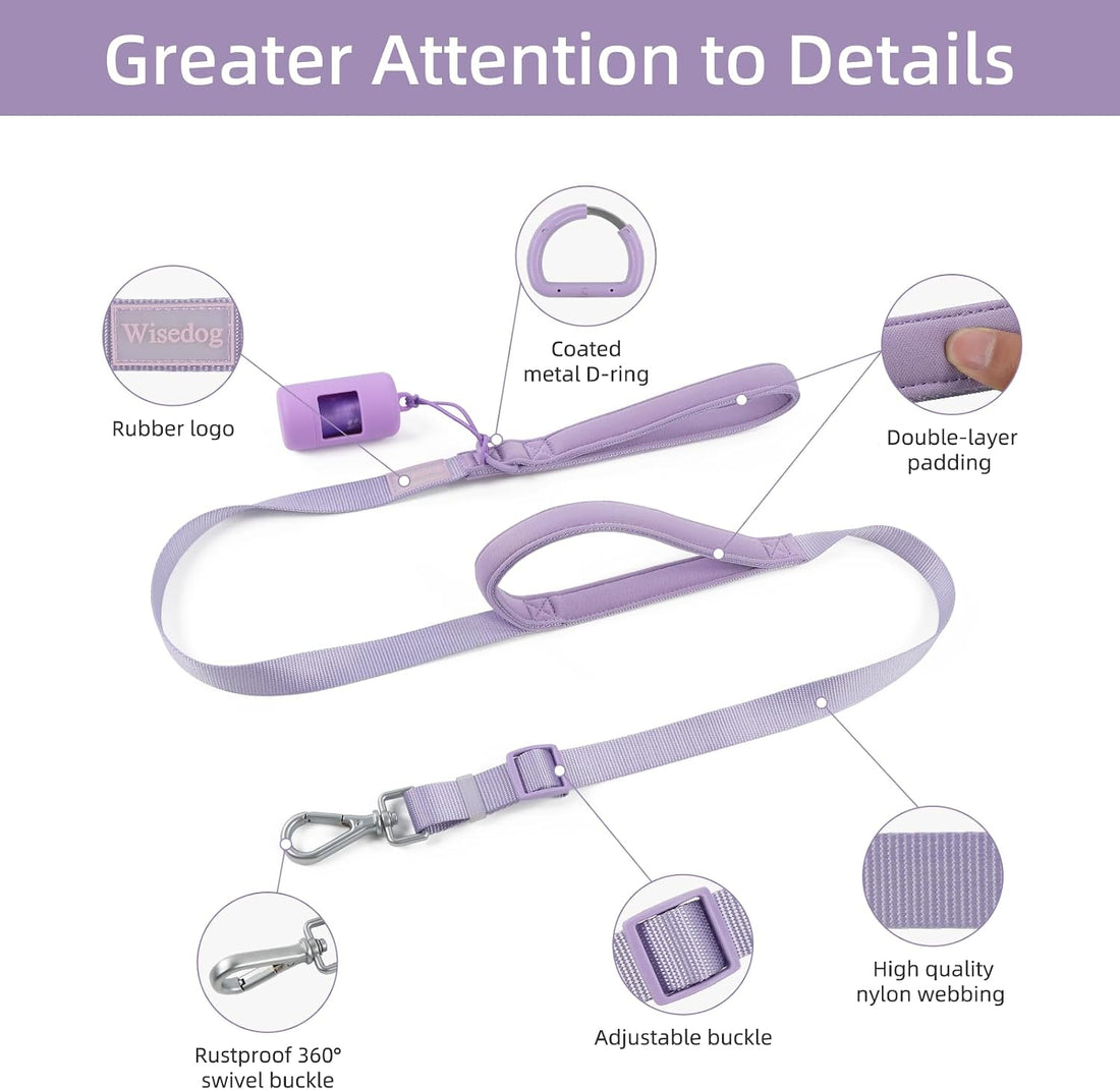 Wisedog Two Handles Dog Leash, Lilac, L|5.2 ft-6 ft