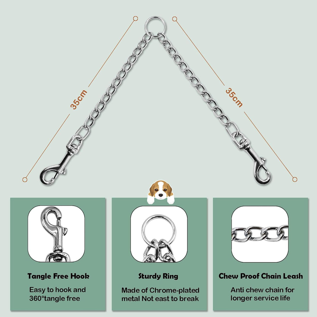 LOS ANDES Metal Double Dog Leash Chew Proof Chain Leash 2 Way No