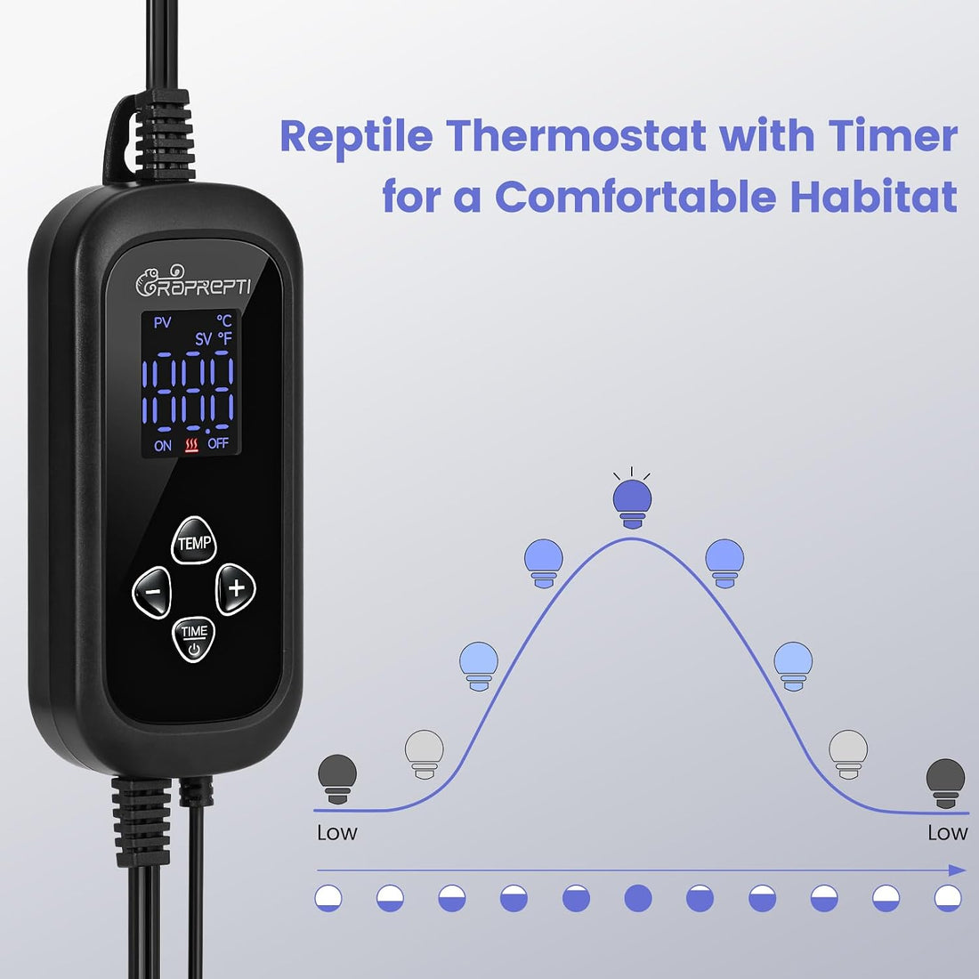 PID Dimming Thermostat for Reptiles with 1-24H Timer Setting