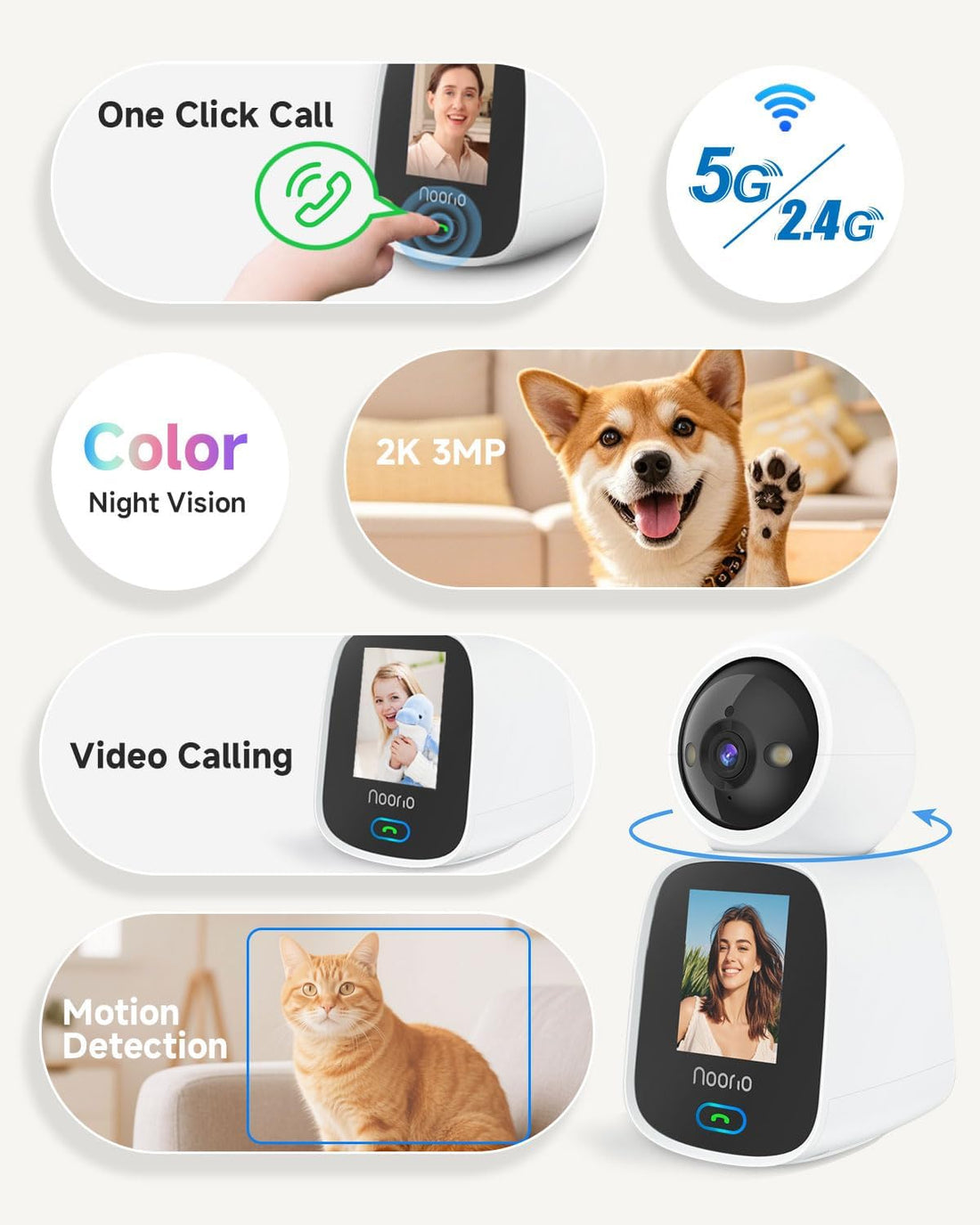 Noorio 2K Indoor Camera with Two-Way Video Calling,360° PTZ Pet Camera