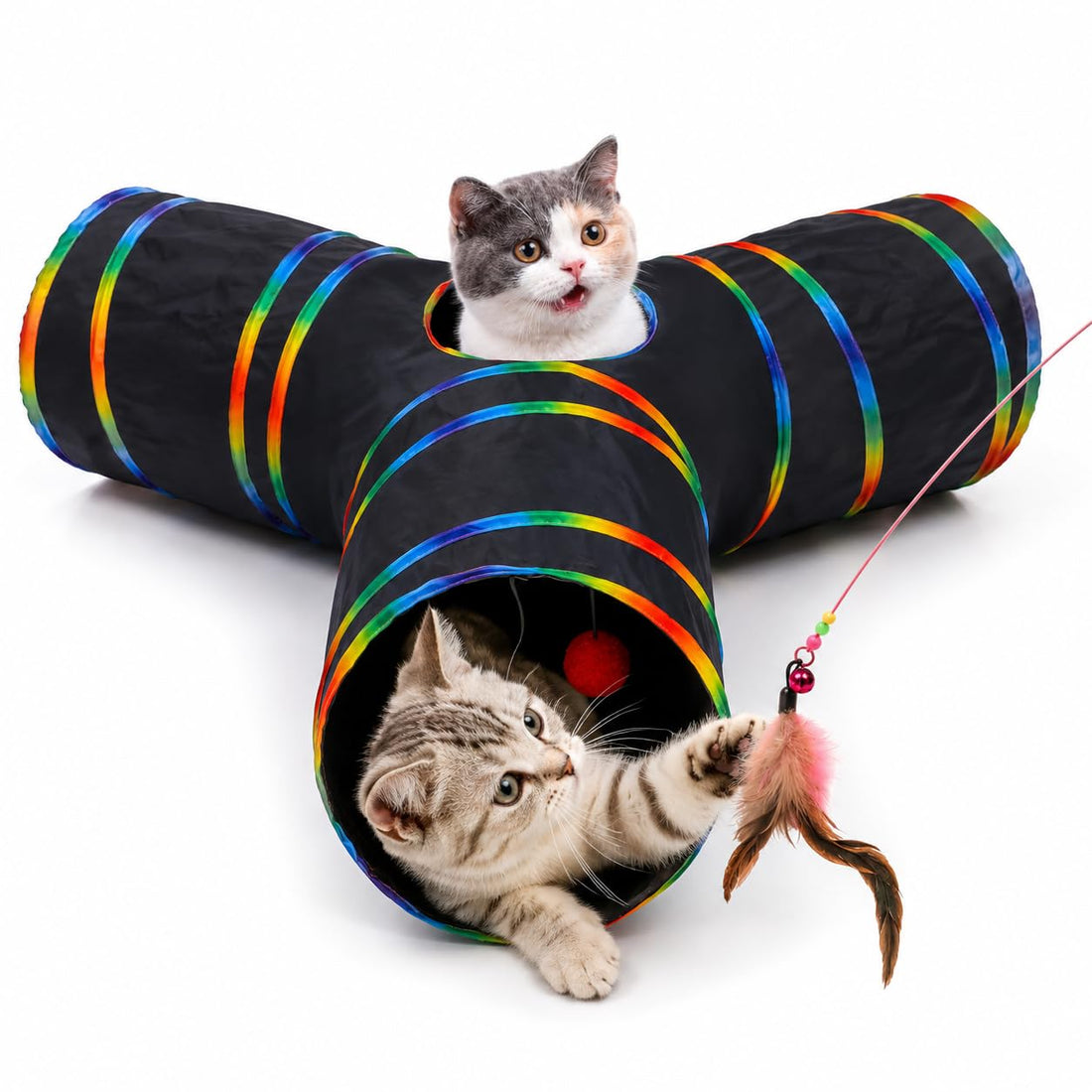 LUCKITTY Cat Tunnels Tube Toy with Plush Ball & Cat Wand Feather