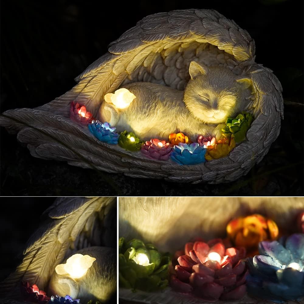 VKEVOC Cat Memorial Stone,Solar Angel Cat Statue Figurine