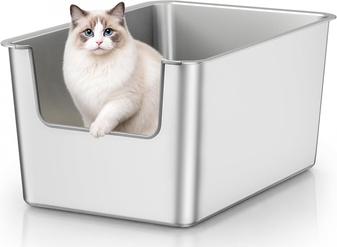 High-Sided Stainless Steel Cat Litter Box, Low Entry, Odor-Free