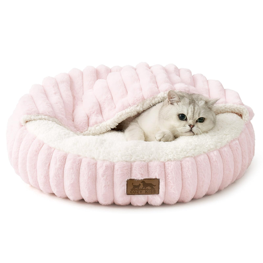 Cat Bed with Hooded Blanket, Round Fluffy Anti-Anxiety Pet Bed