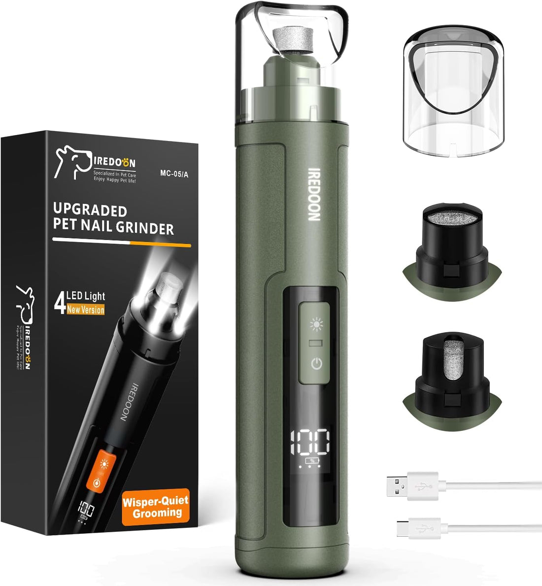 IREDOON Dog Nail Grinder with 4 LED Lights