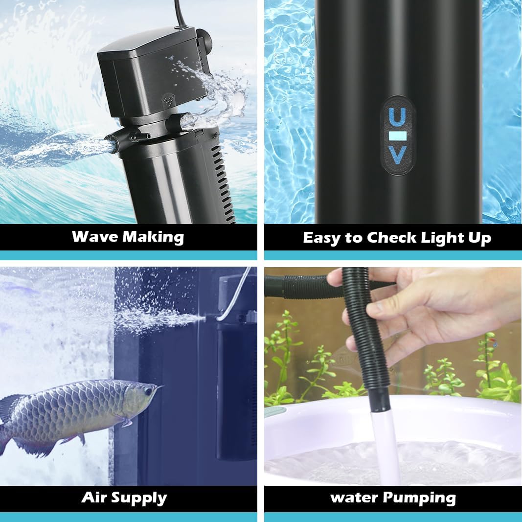 COOSPIDER Aquarium Filter with 7W U-V Light 300GPH for 75-200 Gallon