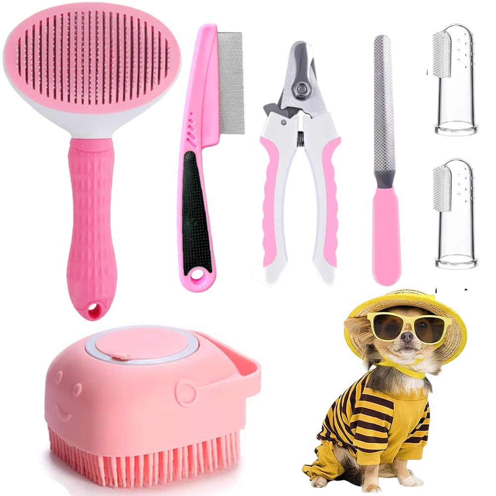 Qubccum 7 Pcs Cat Dog Brush Grooming Kits, Self-Cleaning Slicker Brush