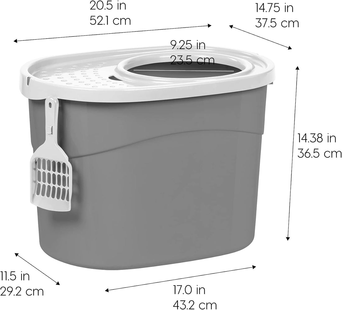 IRIS USA Top Entry Cat Litter Box, Hooded Privacy, Large, Gray/White