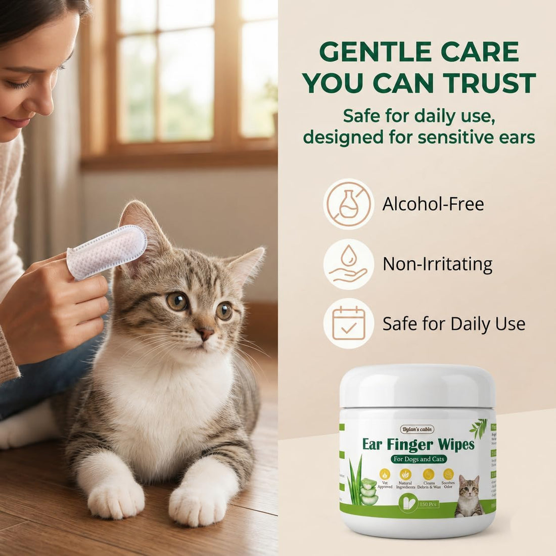 Dylan's cabin Cat Ear Wipes - 150 Count Finger Wipes for Dogs Cats