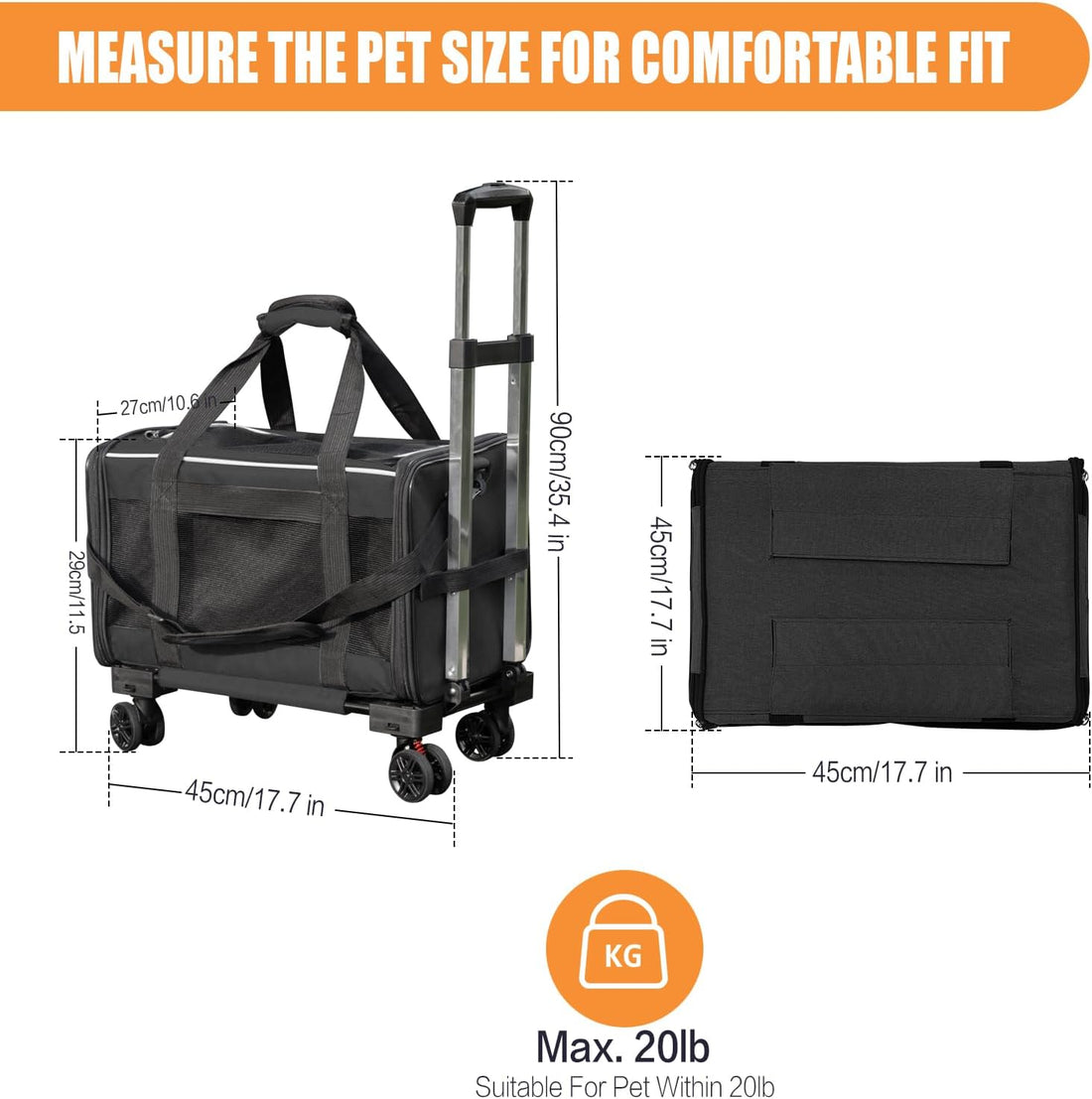 Pet Carrier with Wheels - Soft-Side Wheeled Cat Carrier for Dogs