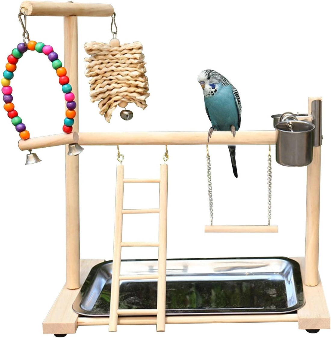 Bird Playground, Natural Wood Bird Perch Stand with Removable Tray