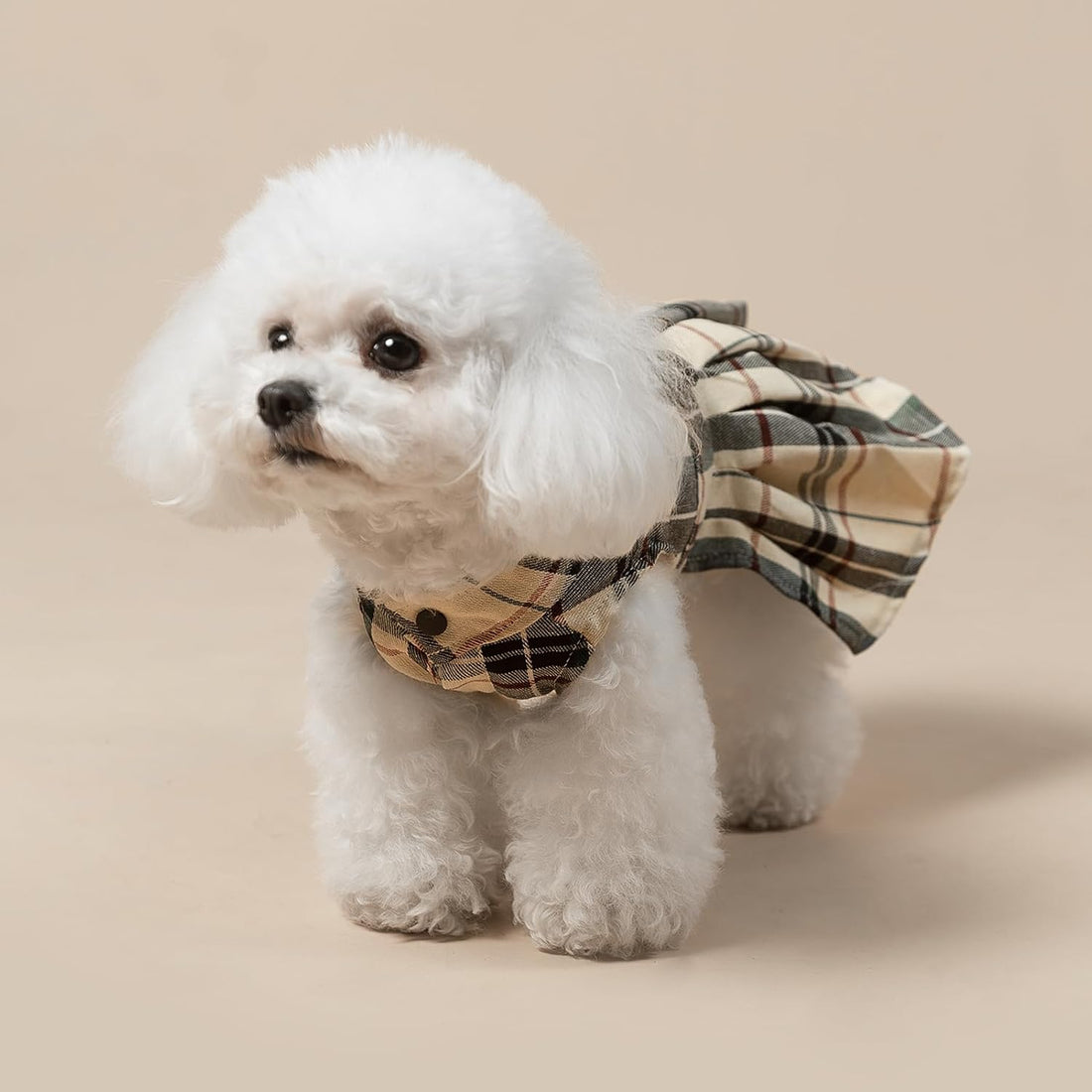 PUPTECK Classic Beige Plaid Dog Dress with Bow Puppy Skirt Clothes M