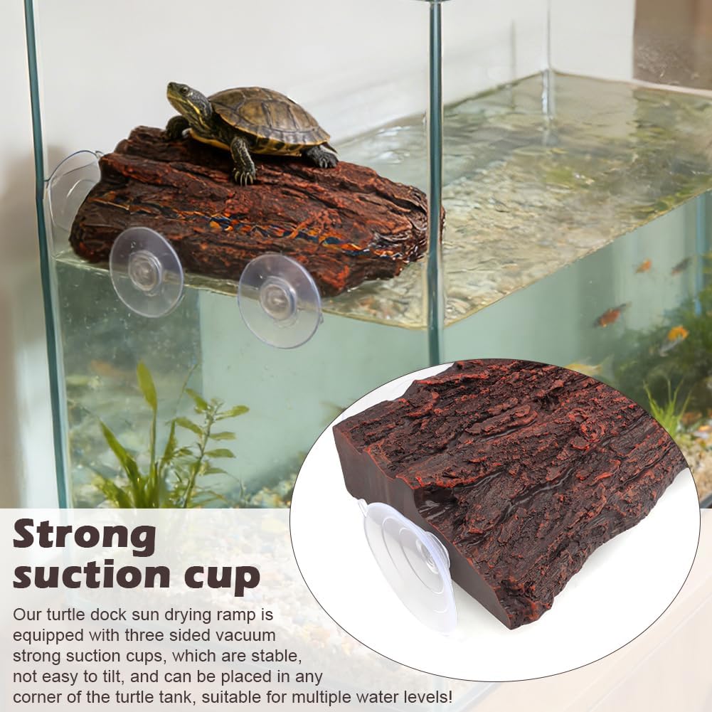 Turtle Basking Platform, Resin Bark‑Textured Turtle Dock with 3