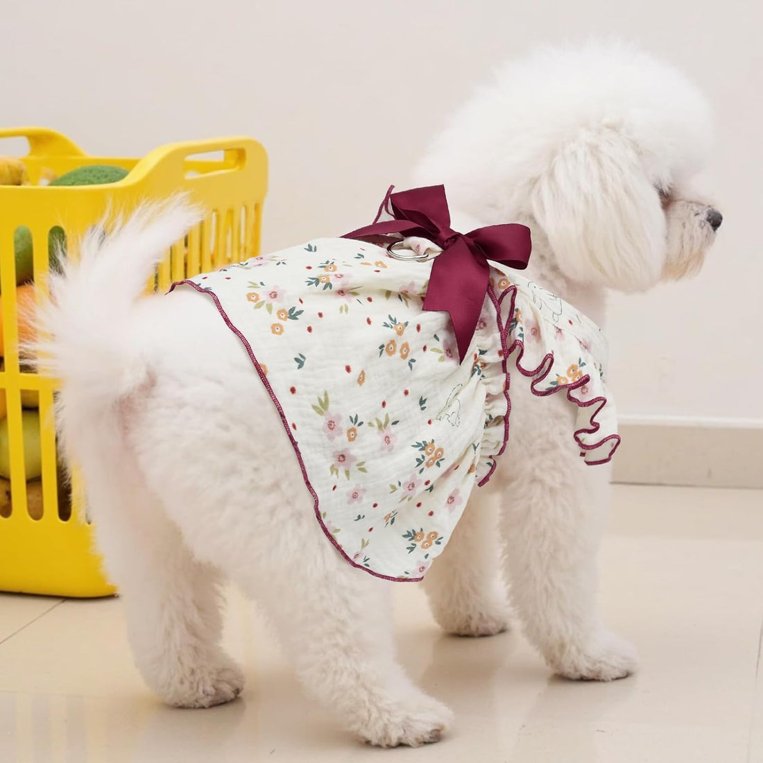 CuteBone Cotton Dog Dress Flowers with Leash Ring & Sleeve Ruffles