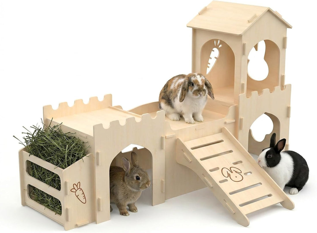 Wooden Rabbit House,Extra Large 2-Level Bunny Castle with Feeder