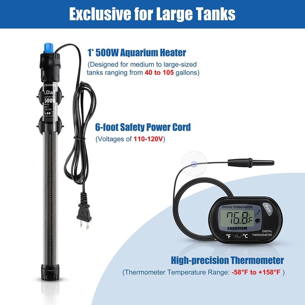 DaToo 500W Aquarium Heater Submersible 500Watt Fish Tank Heater