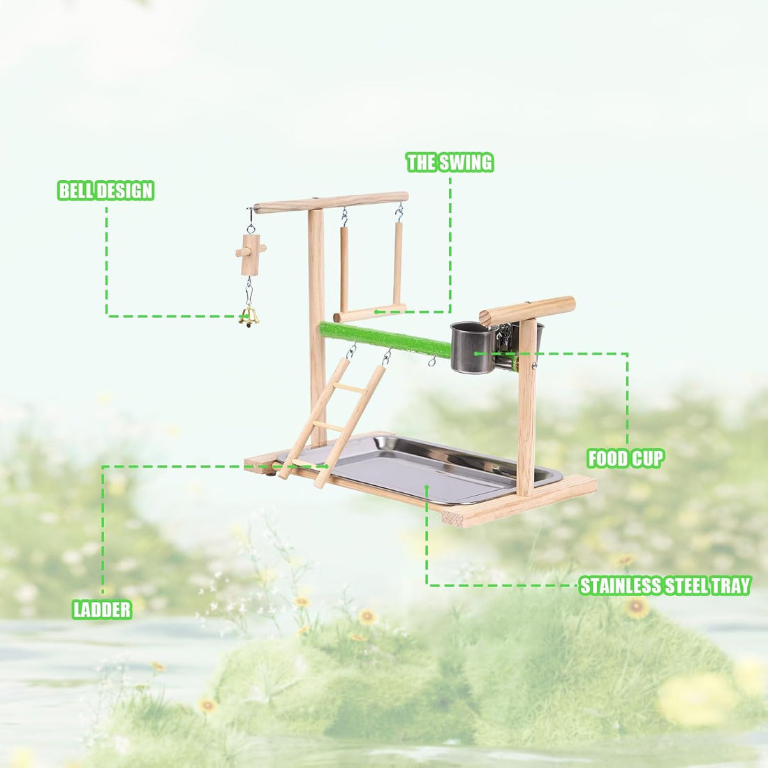 Bird Playground, Natural Wood Bird Perch Stand with Removable Tray