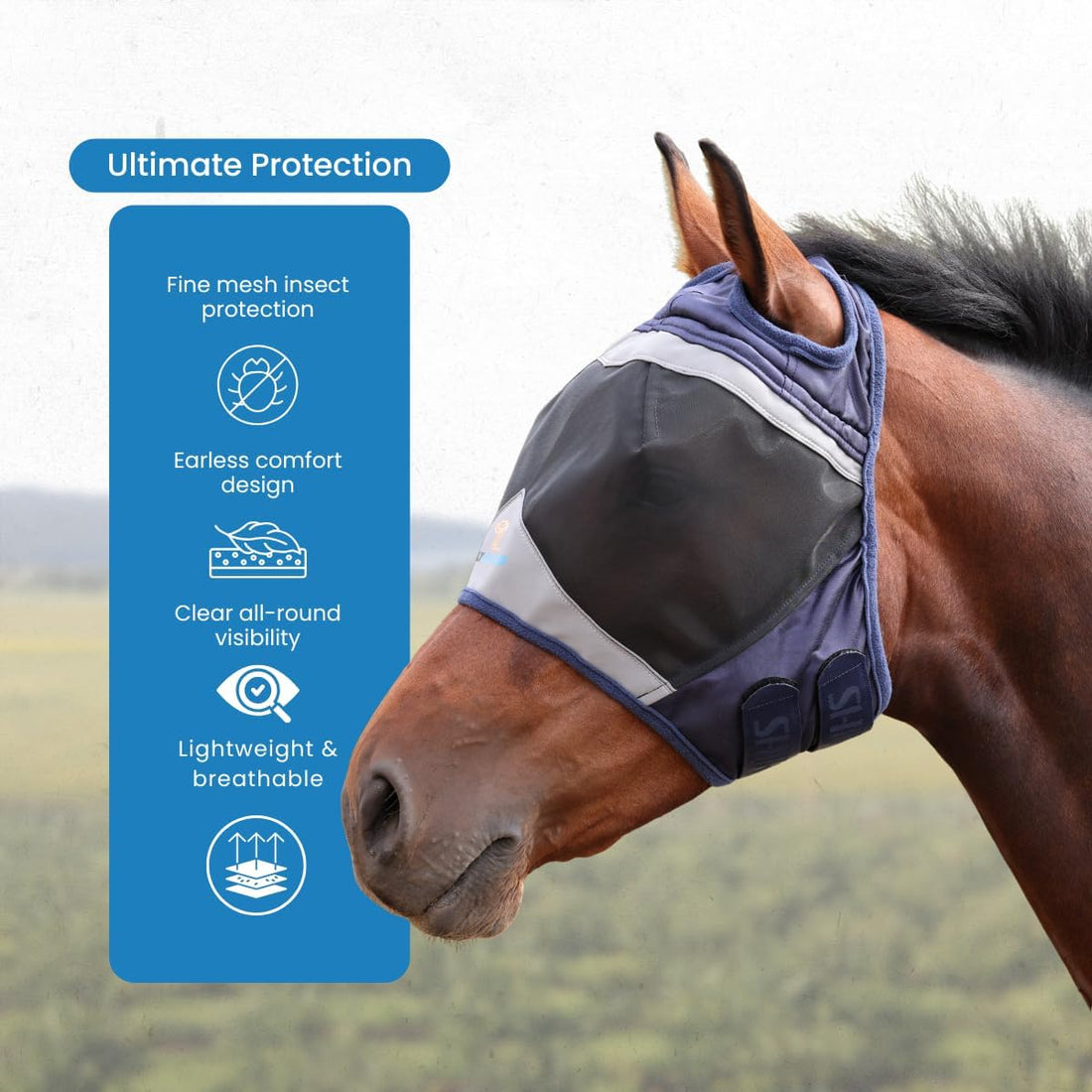 Shires FlyGuard Pro Fine Mesh Fly Mask with UV Protection Navy/Ear